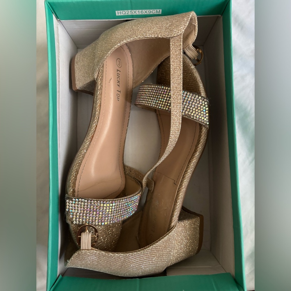 Lucky Brand Gold Heels with Rhinestone Straps